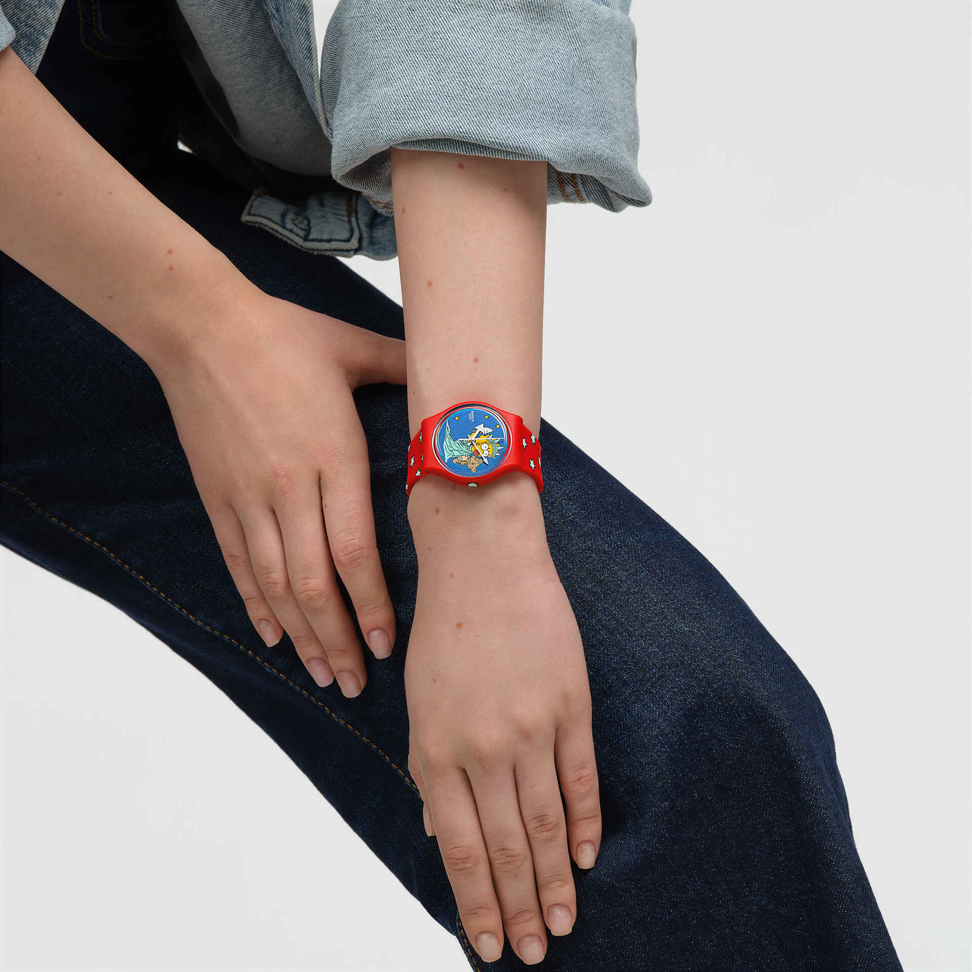 Swatch Little Lady Liberty SO28Z120 watch, blue dial, on the wrist