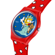 Swatch Little Lady Liberty SO28Z120 watch, blue dial, side profile