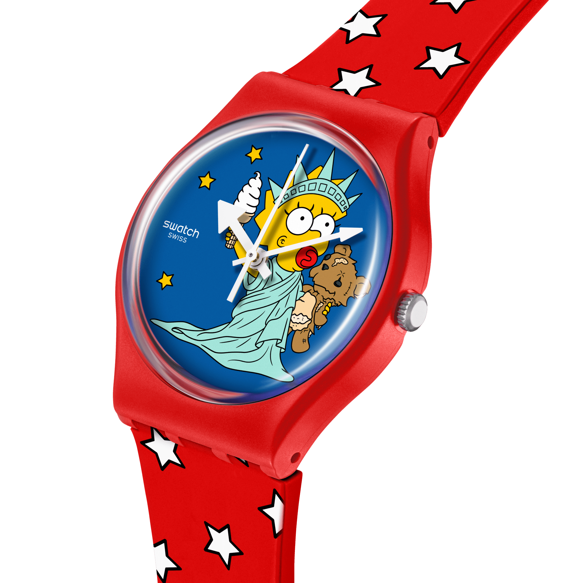 Swatch Little Lady Liberty SO28Z120 watch, blue dial, side profile