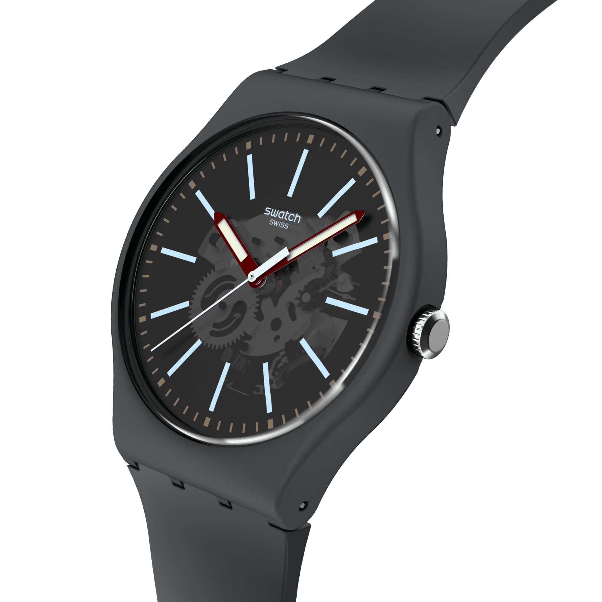 Montre Swatch Cobblestone Street SO29A101, cadran gris, vue de profil