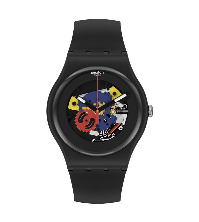 Swatch Black Lacquered SO29B107 watch, black dial, front view