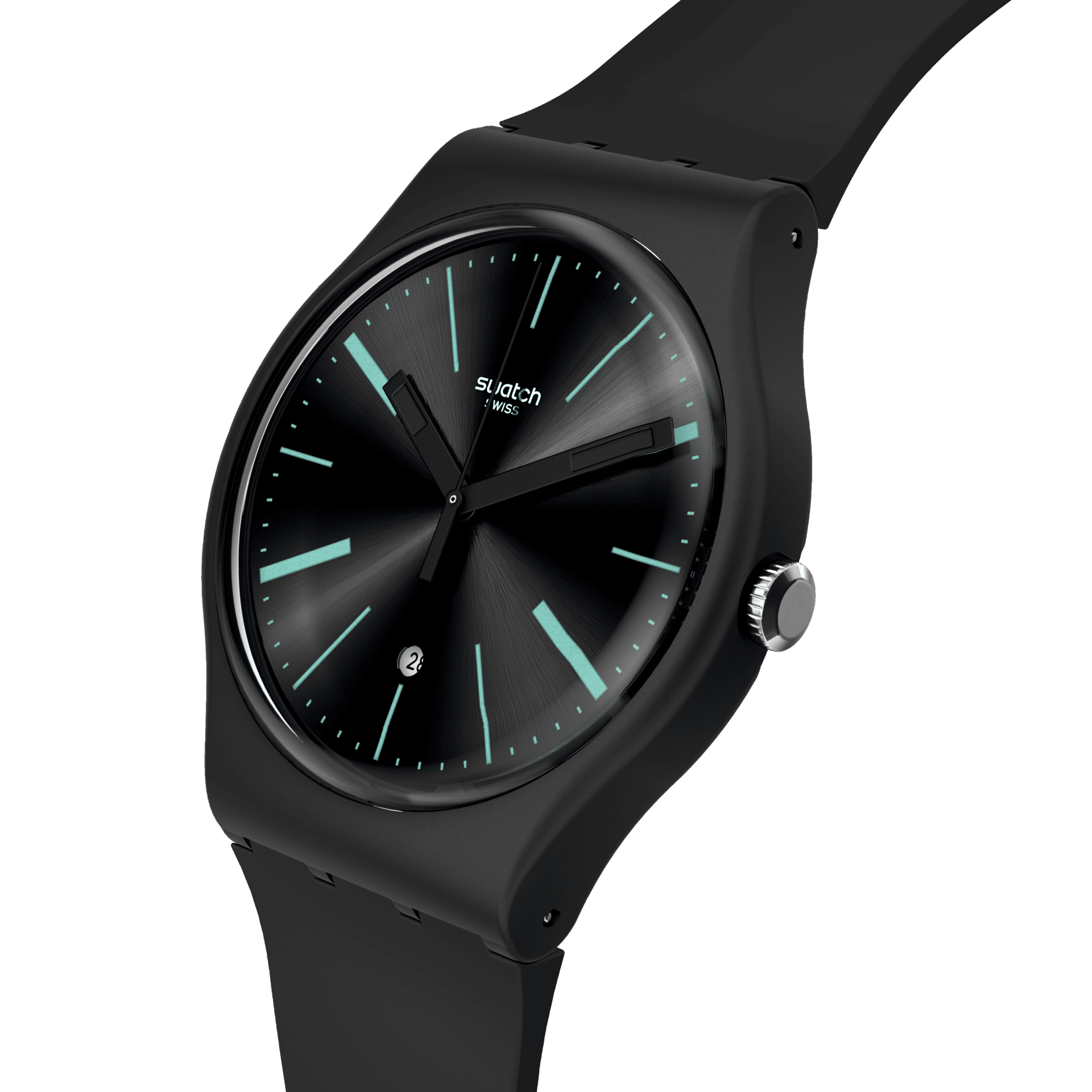 Montre Swatch A Dash of Green SO29B404, cadran noir, vue de profil