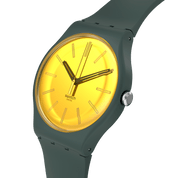 Montre Swatch Gold in the Garden SO29G103, cadran jaune, vue de profil