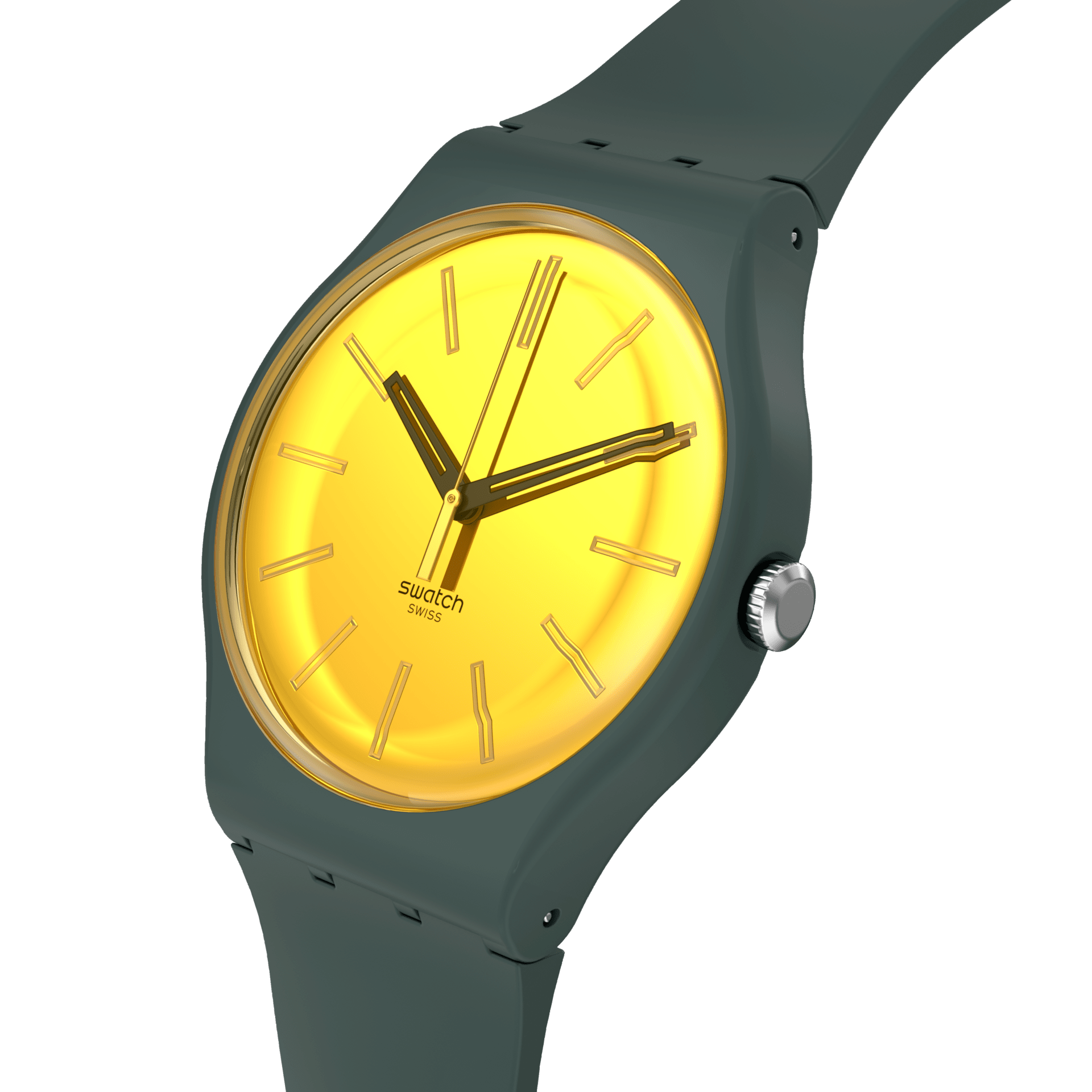 Montre Swatch Gold in the Garden SO29G103, cadran jaune, vue de profil