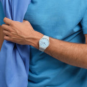 Swatch Blueberry Sky SO29M702 watch, blue dial, on the wrist