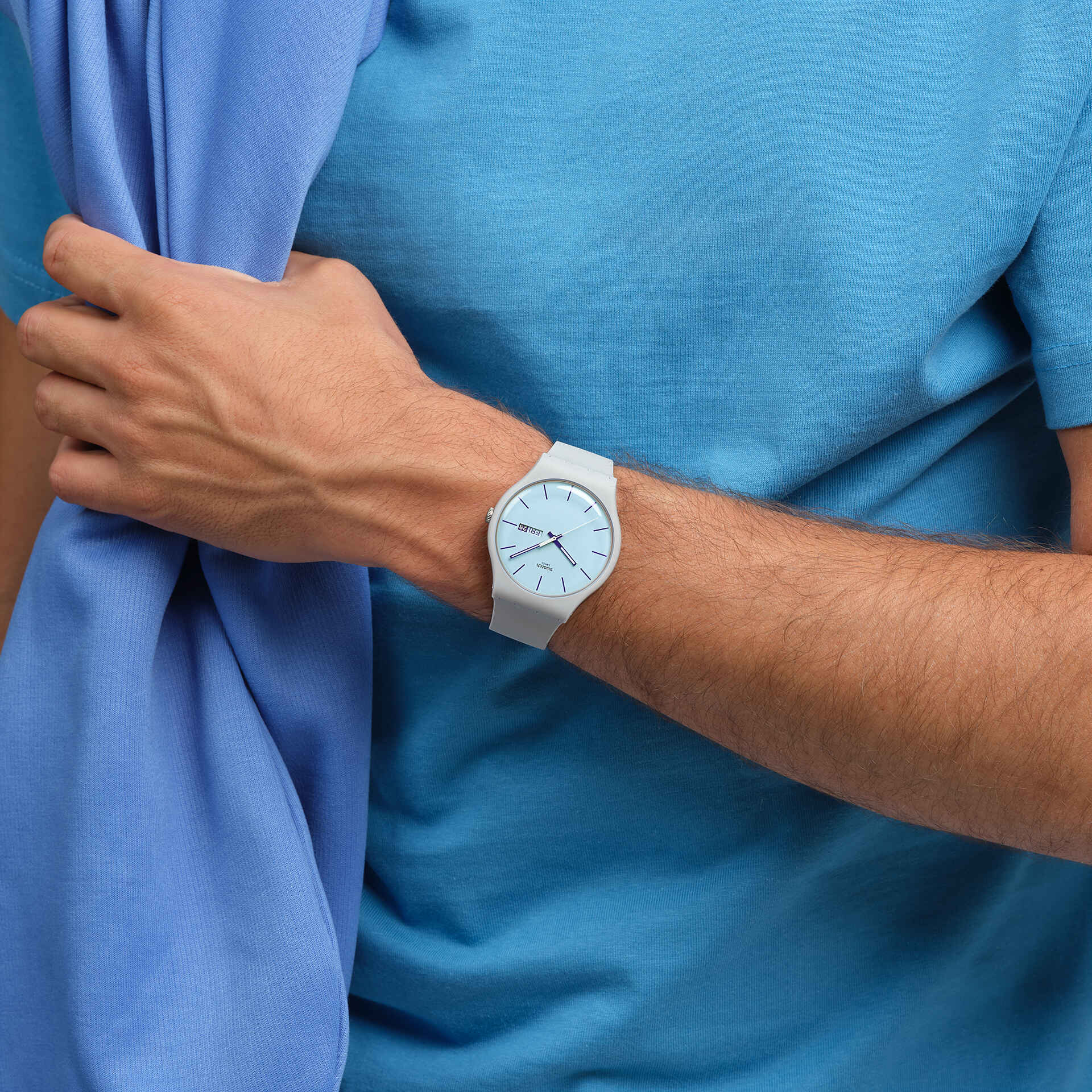 Swatch Blueberry Sky SO29M702 watch, blue dial, on the wrist