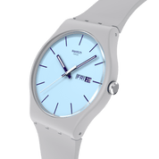 Swatch Blueberry Sky SO29M702 watch, blue dial, side profile