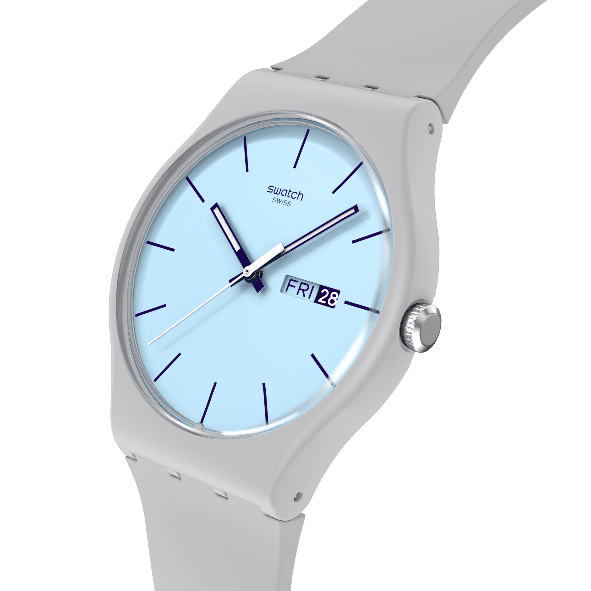 Swatch Blueberry Sky SO29M702 watch, blue dial, side profile