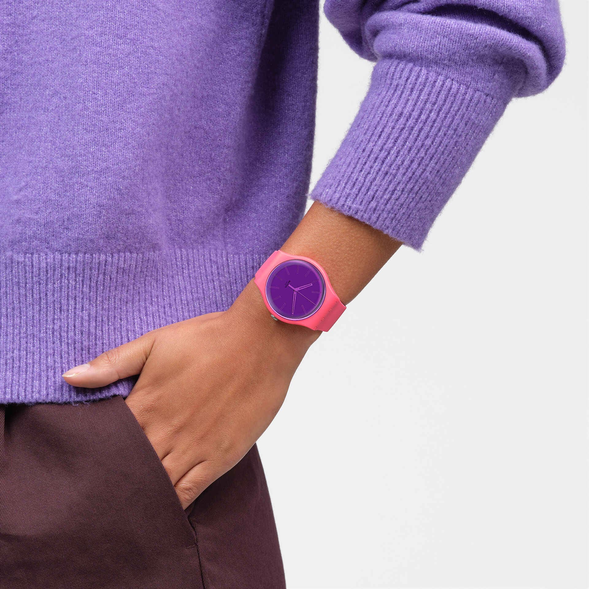 Swatch Berry Harmonious SO29P102 watch, purple dial, on the wrist
