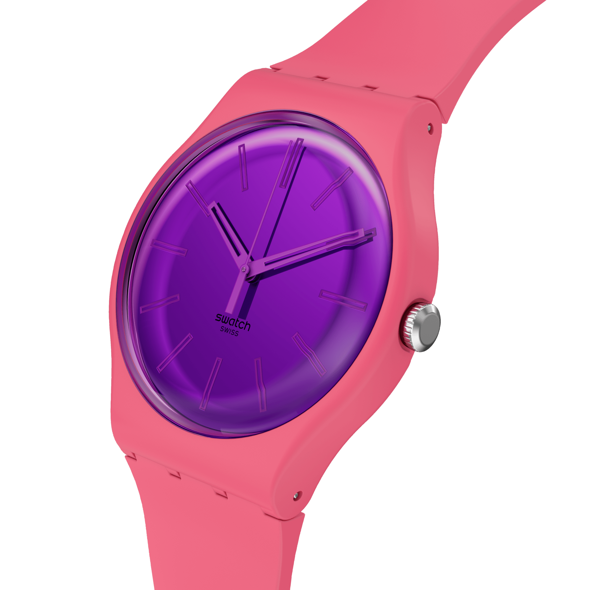 Swatch Berry Harmonious SO29P102 watch, purple dial, side profile
