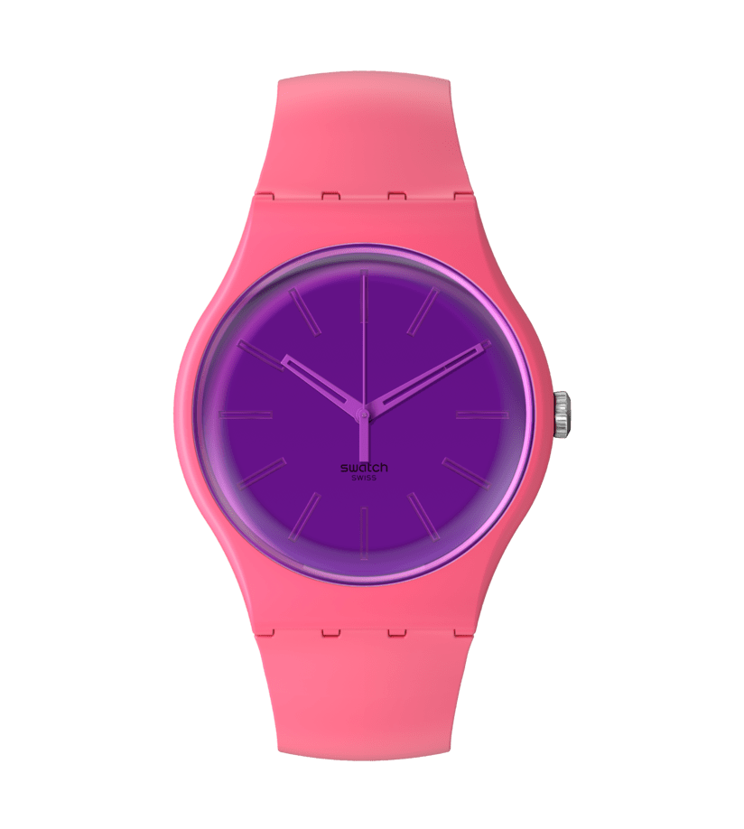 Swatch Berry Harmonious SO29P102 watch, purple dial, front view