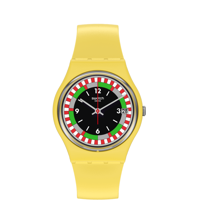 Montre Swatch Yel Race SO31J400, cadran noir, vue de face