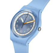 Montre Swatch Frozen Waterfall SO31L100, cadran bleu, vue de profil