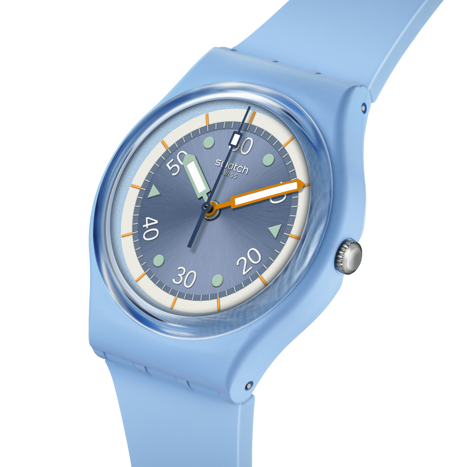 Montre Swatch Frozen Waterfall SO31L100, cadran bleu, vue de profil