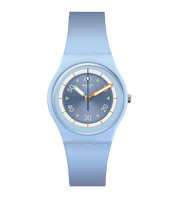 Montre Swatch Frozen Waterfall SO31L100, cadran bleu, vue de face