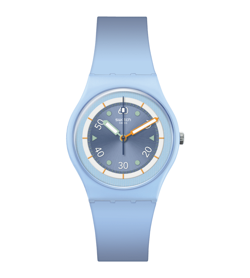 Montre Swatch Frozen Waterfall SO31L100, cadran bleu, vue de face