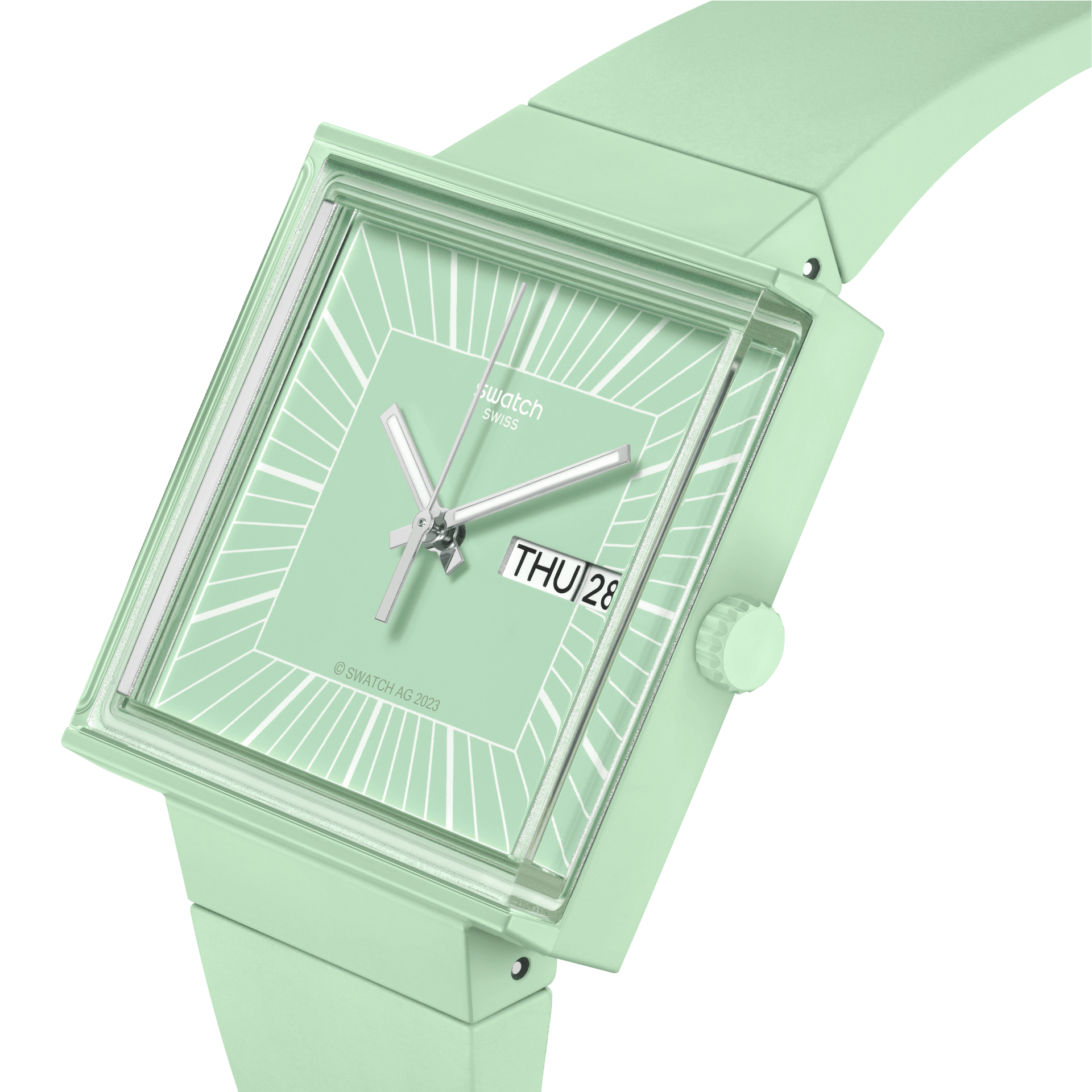 Montre Swatch What If...mint? SO34G701, cadran vert, vue de profil