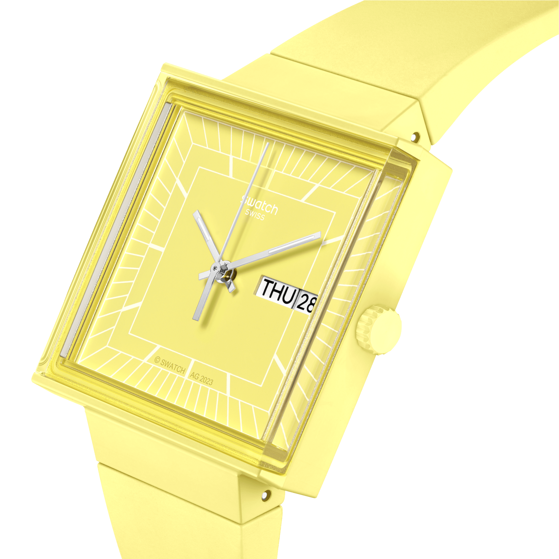 Montre Swatch What If…Lemon? SO34J700, cadran jaune, vue de profil