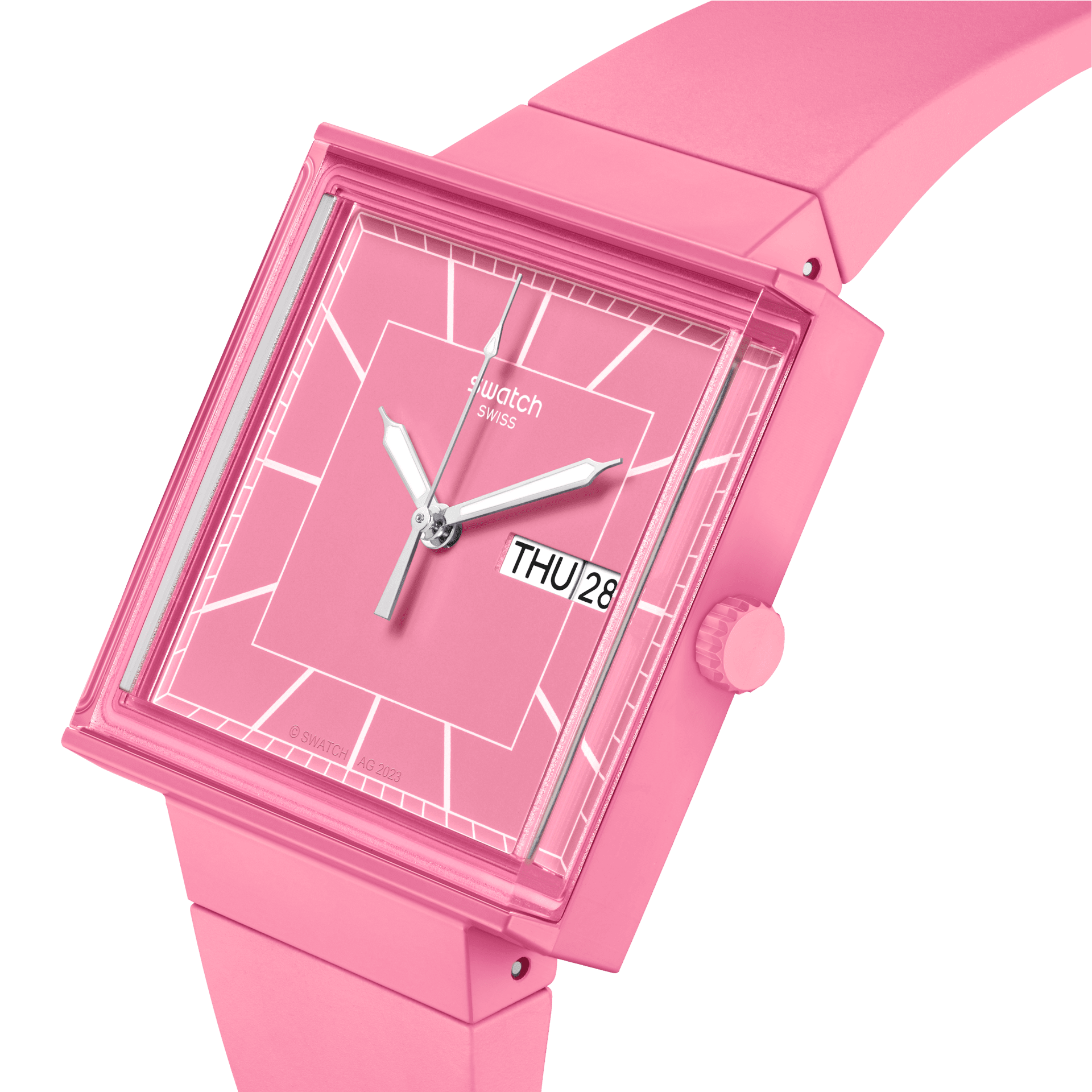 Montre Swatch What If…Rose? SO34P700, cadran rose, vue de profil