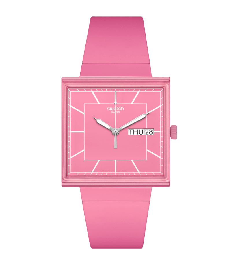 Montre Swatch What If…Rose? SO34P700, cadran rose, vue de face