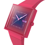 Montre Swatch Squarely Berry SO34R700, cadran rose, vue de profil