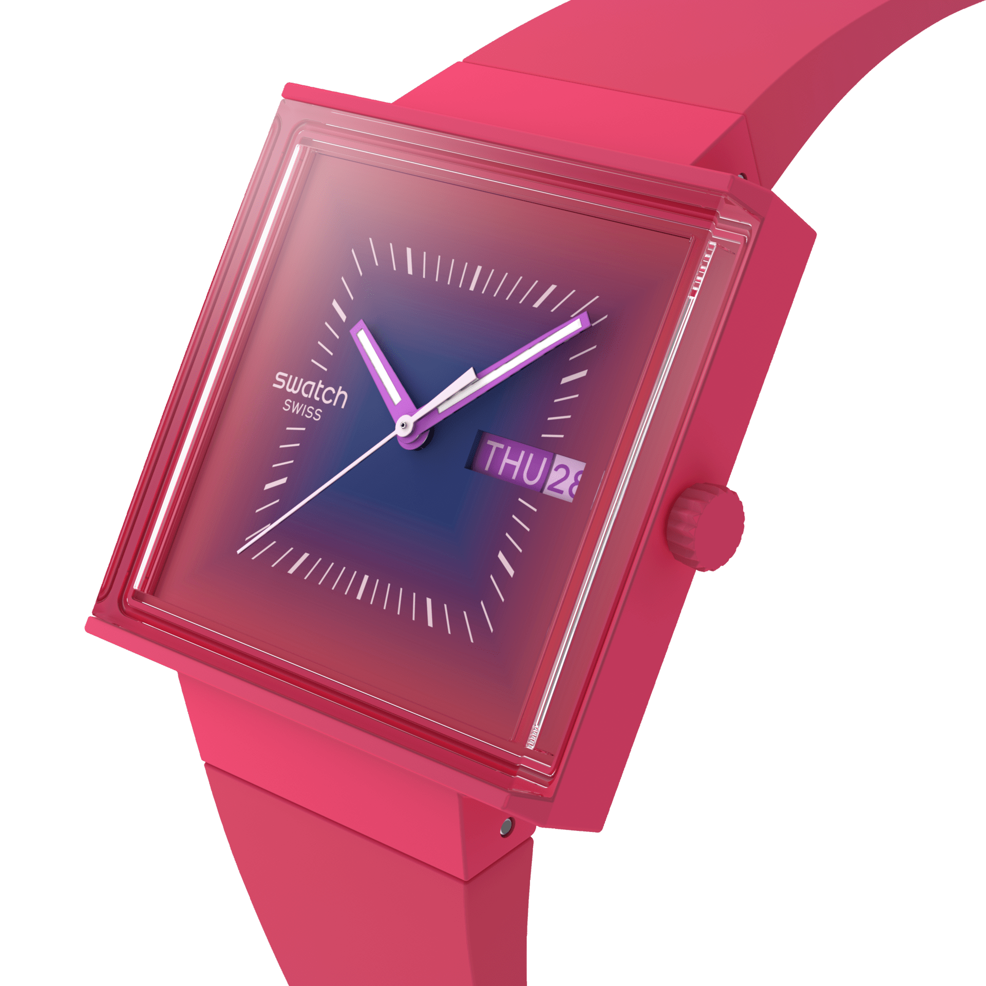 Montre Swatch Squarely Berry SO34R700, cadran rose, vue de profil