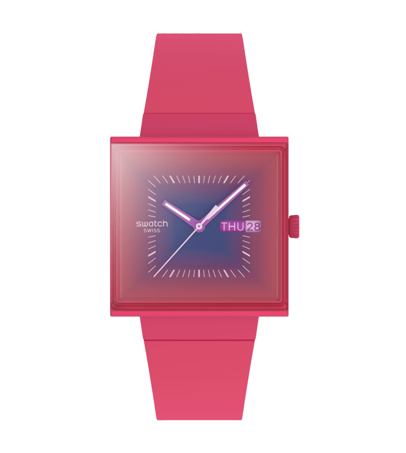 Montre Swatch Squarely Berry SO34R700, cadran rose, vue de face