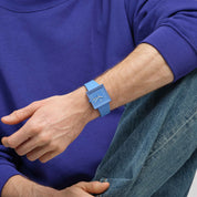 Swatch What If…Sky? SO34S700 watch, blue dial, on the wrist