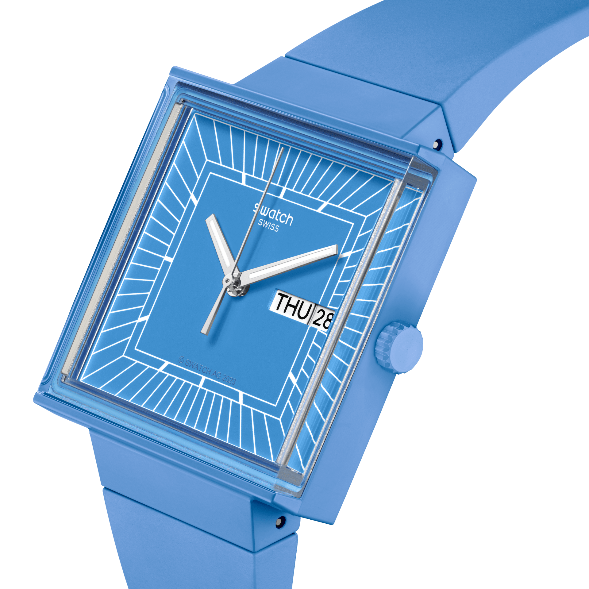 Swatch What If…Sky? SO34S700 watch, blue dial, side profile