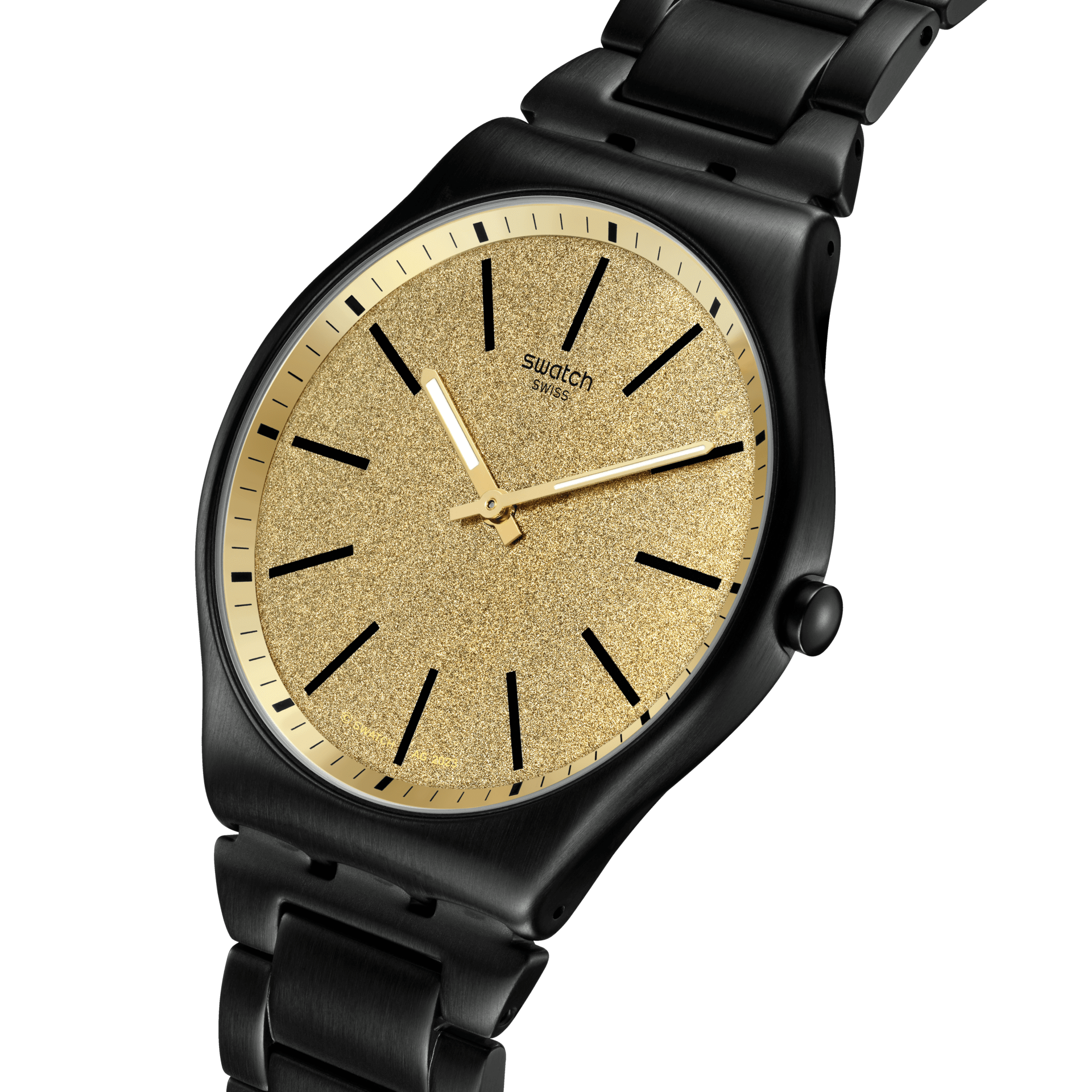 Montre Swatch Skin Dashing Slate SS07B109G, cadran jaune, vue de profil
