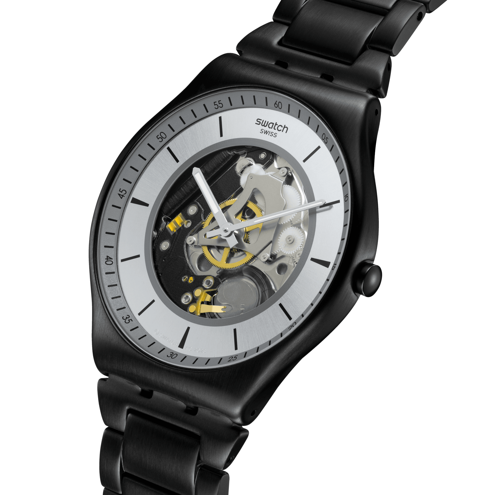 Montre Swatch Skin Train the Hands SS07B113G, cadran gris, vue de profil