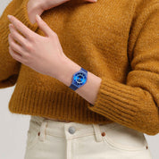 Swatch Skin Jammy Grape Dream SS08I100 watch, blue dial, on the wrist