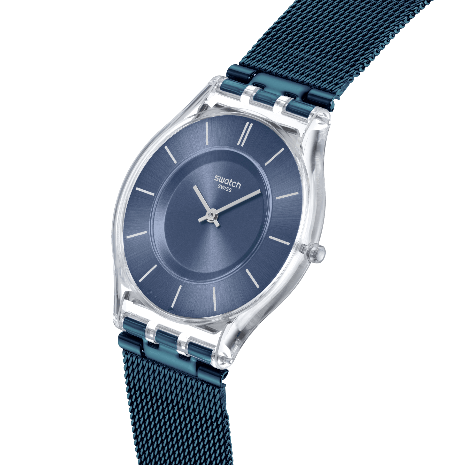 Montre Swatch Skin Cool Skies SS08K120M, cadran bleu, vue de profil