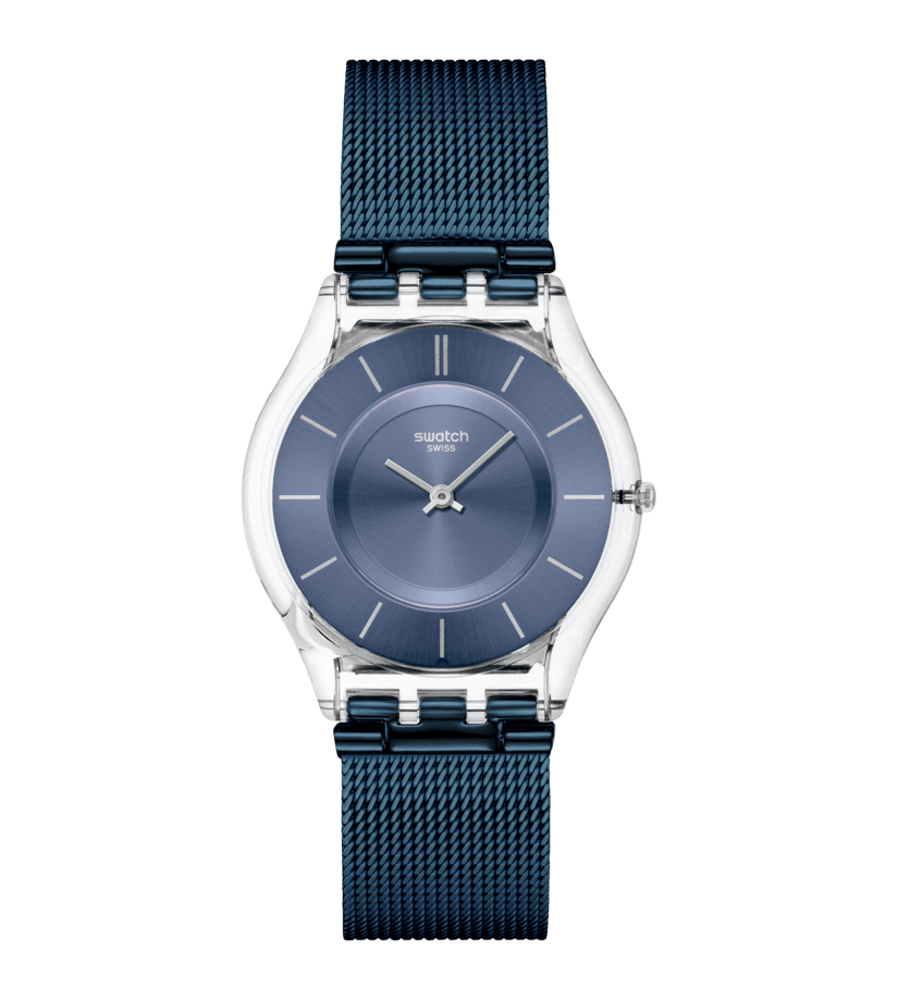 Montre Swatch Skin Cool Skies SS08K120M, cadran bleu, vue de face
