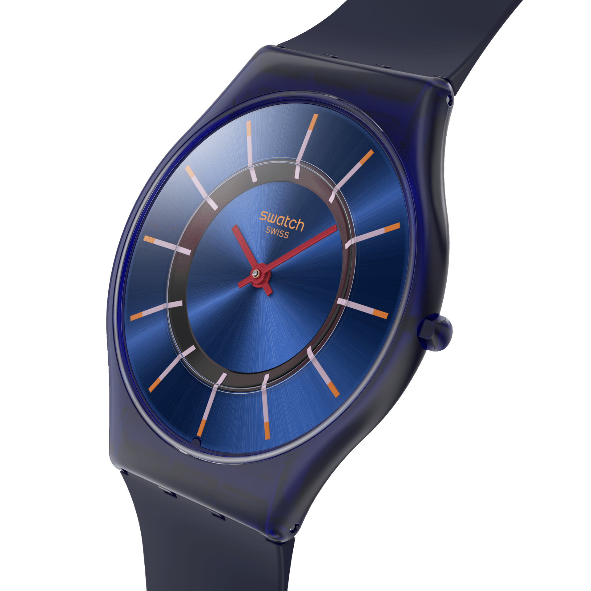 Montre Swatch Skin Very Jazzy Berry SS08N117, cadran bleu, vue de profil