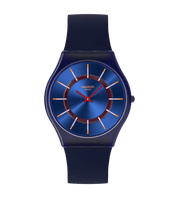 Montre Swatch Skin Very Jazzy Berry SS08N117, cadran bleu, vue de face