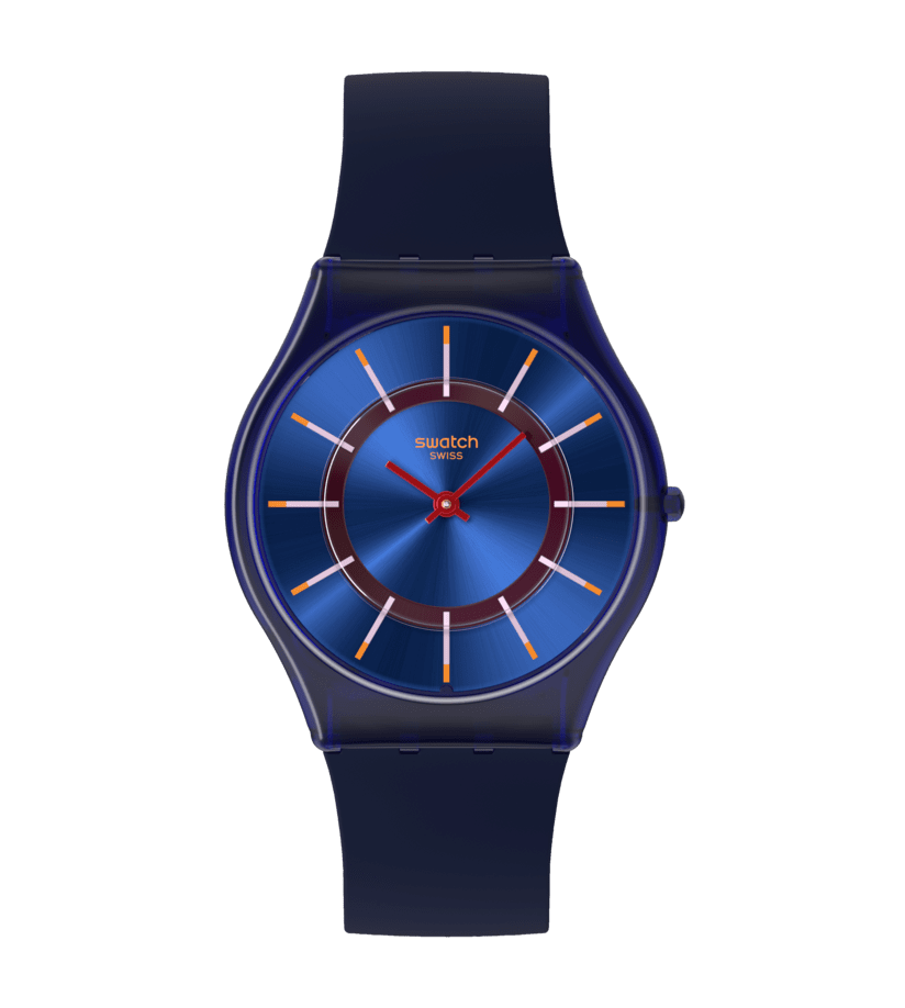 Montre Swatch Skin Very Jazzy Berry SS08N117, cadran bleu, vue de face