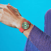 Swatch Skin Minty Mango Dream SS08P111 watch, green dial, on the wrist