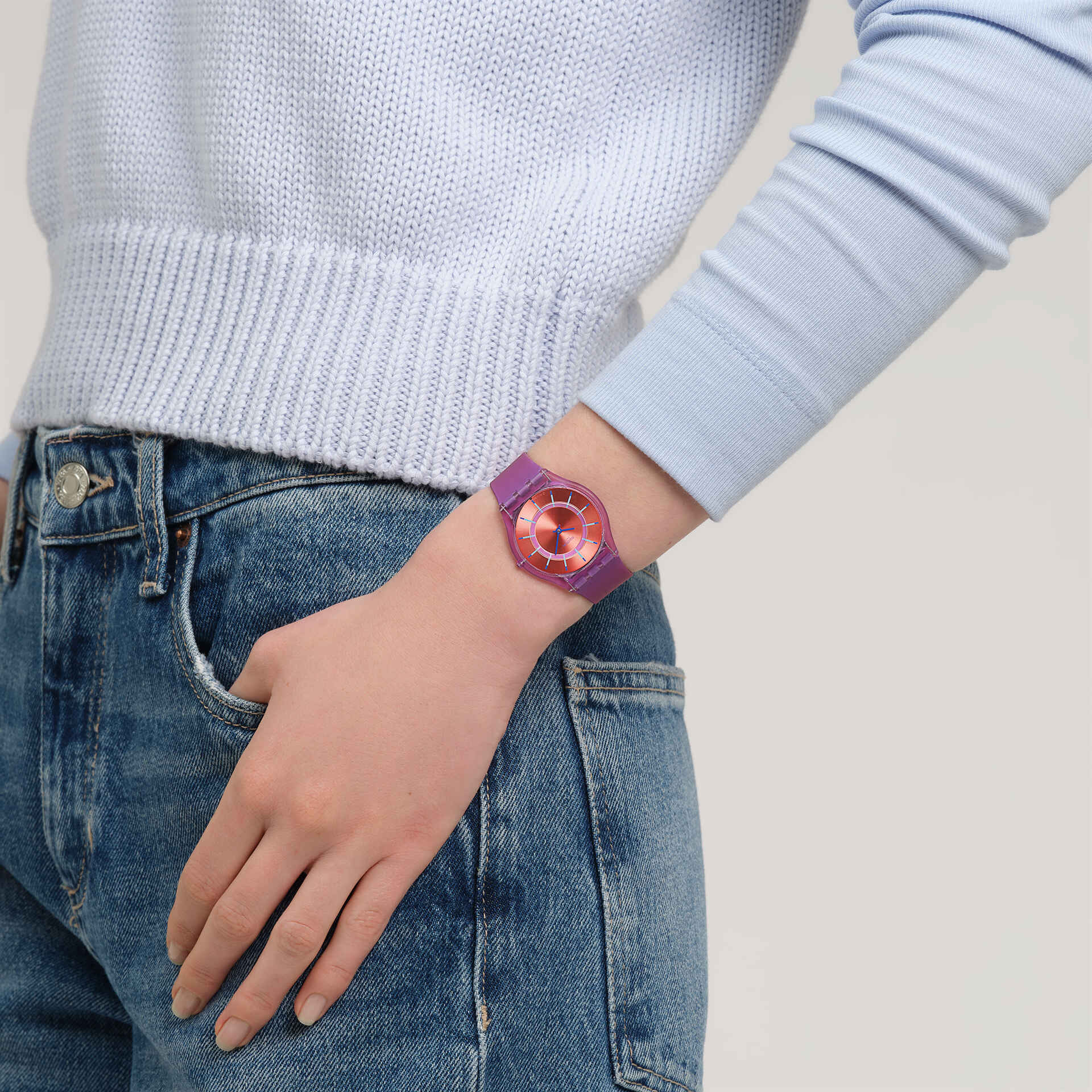 Swatch Skin Sweet Strawberry Dream SS08V108 watch, red dial, on the wrist