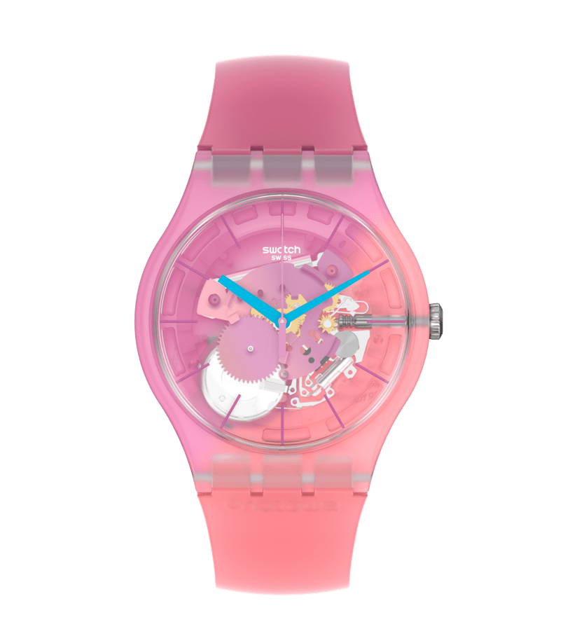 Montre Swatch Supercharged Pinks SUOK151, cadran transparent, vue de face