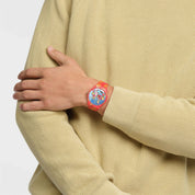 Swatch Wondrous Winter Wonderland SUOZ361 watch, blue dial, on the wrist