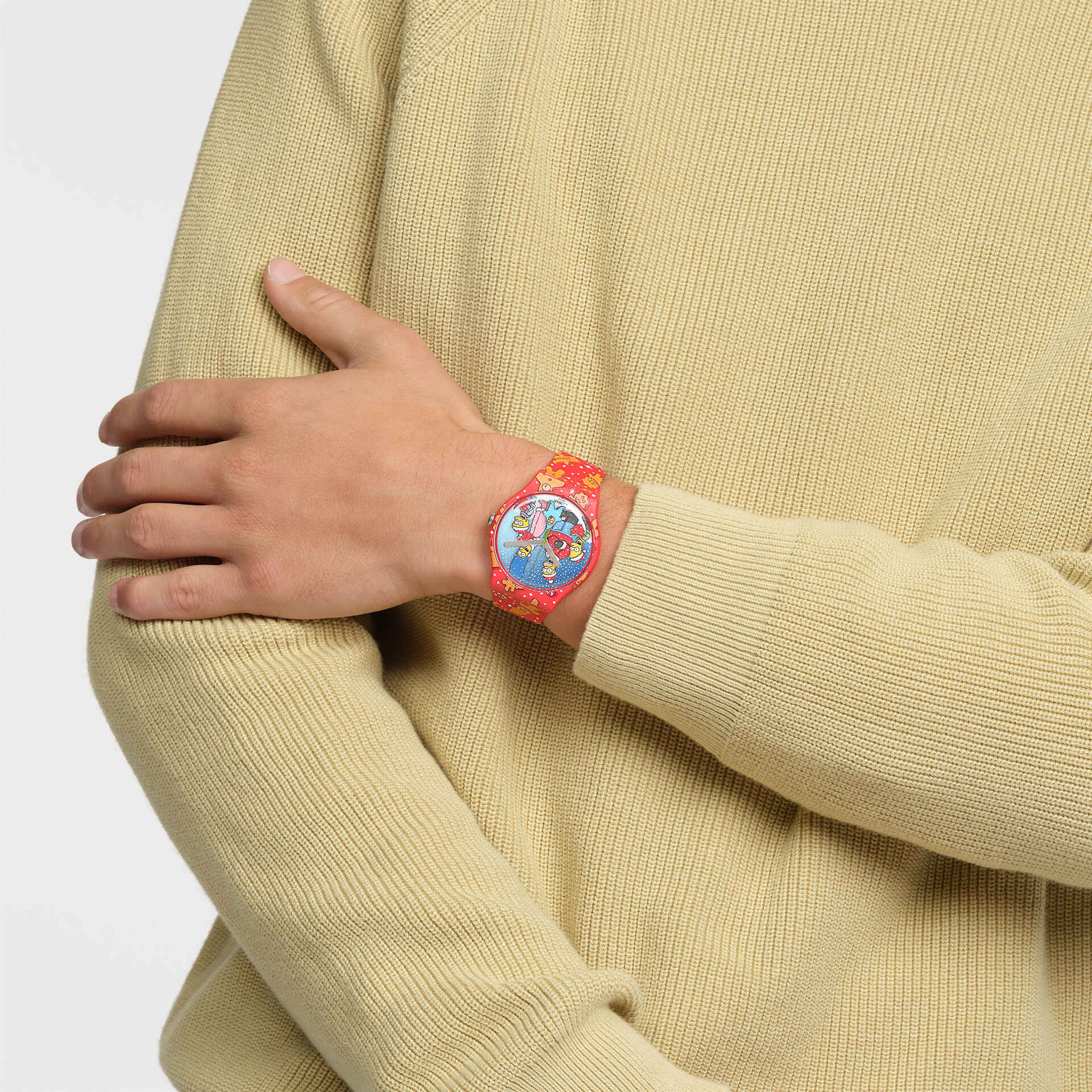Swatch Wondrous Winter Wonderland SUOZ361 watch, blue dial, on the wrist