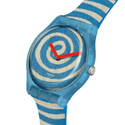Montre Swatch Bourgeois's Spirals SUOZ364, cadran bleu, vue de profil
