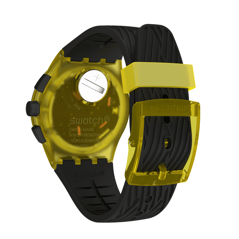 Montre Swatch Yellow Tire SUSJ403, vue de dos