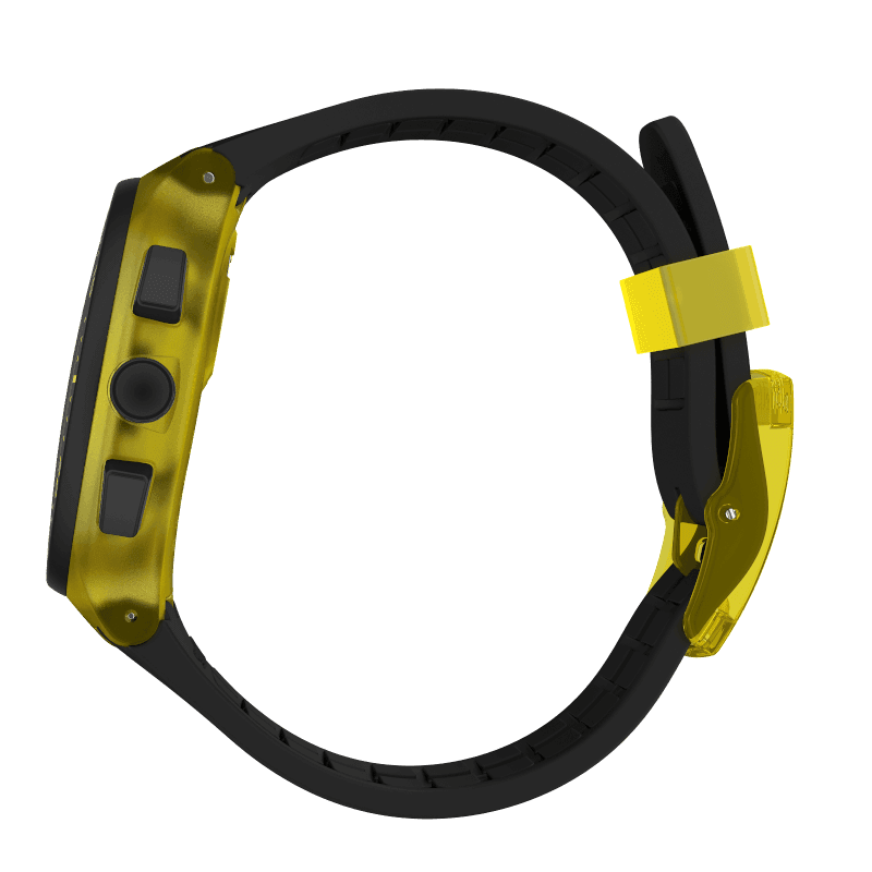 Montre Swatch Yellow Tire SUSJ403, cadran noir, vue de profil