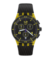Montre Swatch Yellow Tire SUSJ403, cadran noir, vue de face