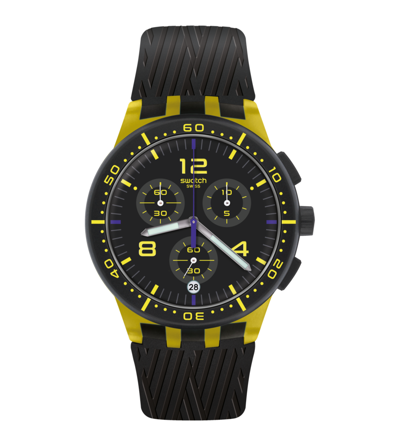 Montre Swatch Yellow Tire SUSJ403, cadran noir, vue de face