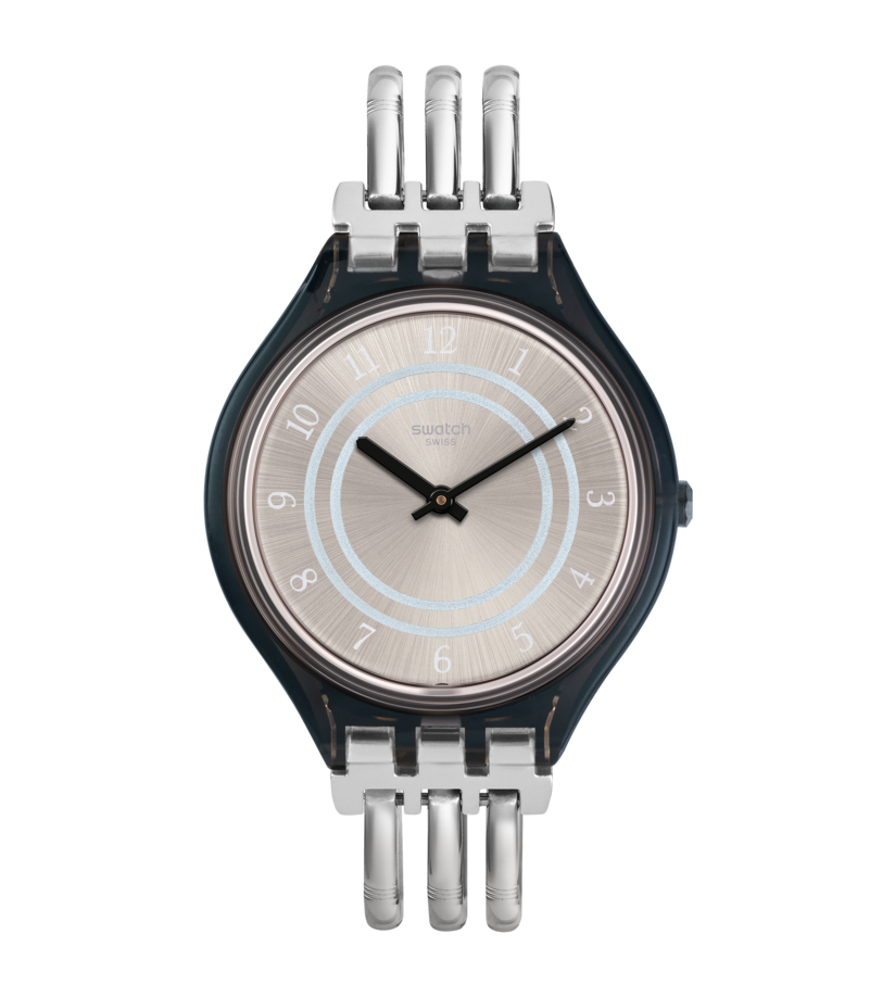 Swatch Skin Skinbar SVOM105B watch, silver-tone dial, front view