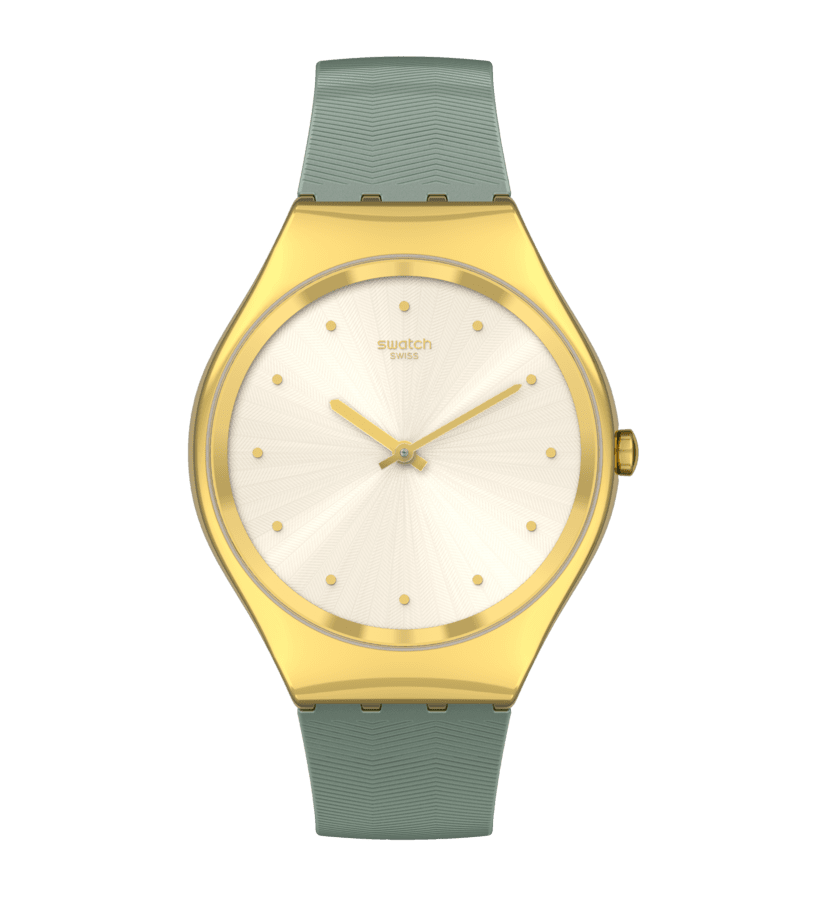 Swatch Skin Green Moire SYXG113 watch, yellow dial, front view