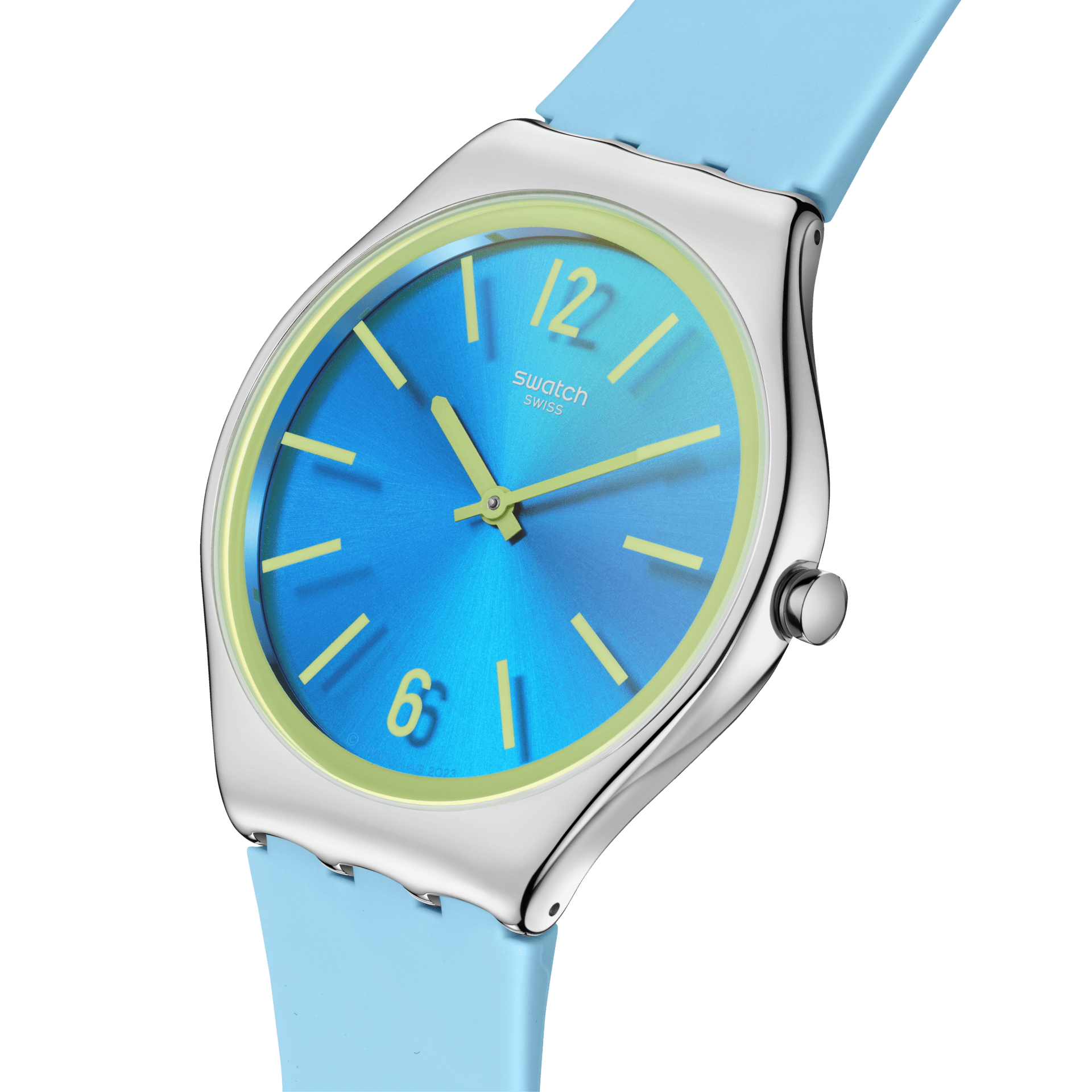 Swatch Skin Midday Sky SYXS156 watch, blue dial, side profile